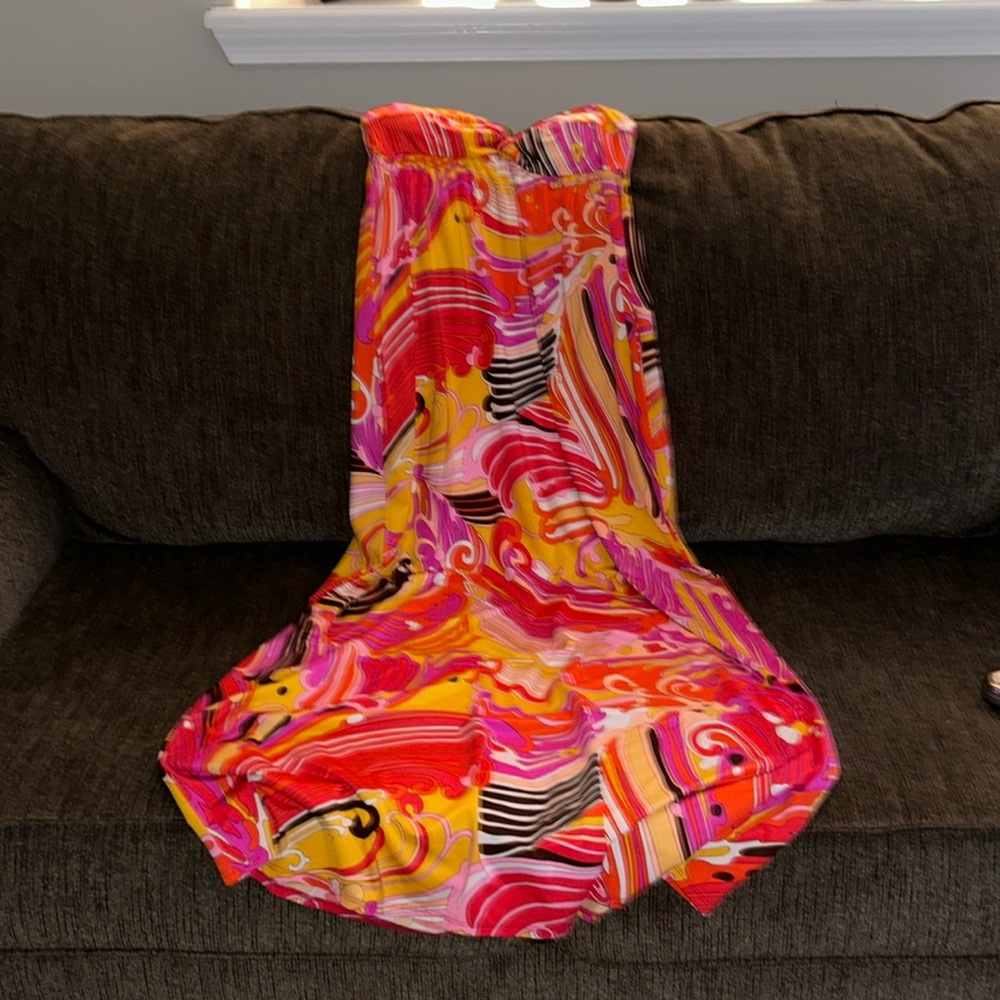 Trina Turk Strapless Maxi Dress in Pink, Yellow and Orange Swirl Print
